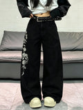 High Waist Baggy Wide‑Leg Jeans American Style Pure Black Denim With Side Floral Embroidery Slim Versatile Daily Trousers