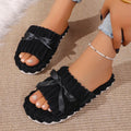 Women Bow Decor Corduroy Open Toe Slippers Soft Flat Non Slip Indoor Bedroom Home House Shoes