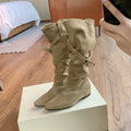 Women 2-in-1 Fold Over Slouchy Knee High Boots Hidden Wedge Rivet Buckle Faux Suede Pointed Toe Non Slip Vintage Winter Shoes