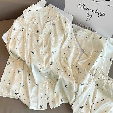 New Sweet Lace-Trim Ice Silk Polka Dot Pajamas for Women, Long Sleeve with Bow, Spring and Autumn, Summer Homewear Set