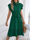 Summer Casual Woman Dress 2026 Fashion Solid Color Single Breasted Ruffle Edge Short Sleeve Dresses With Belt Khaki Blue Green