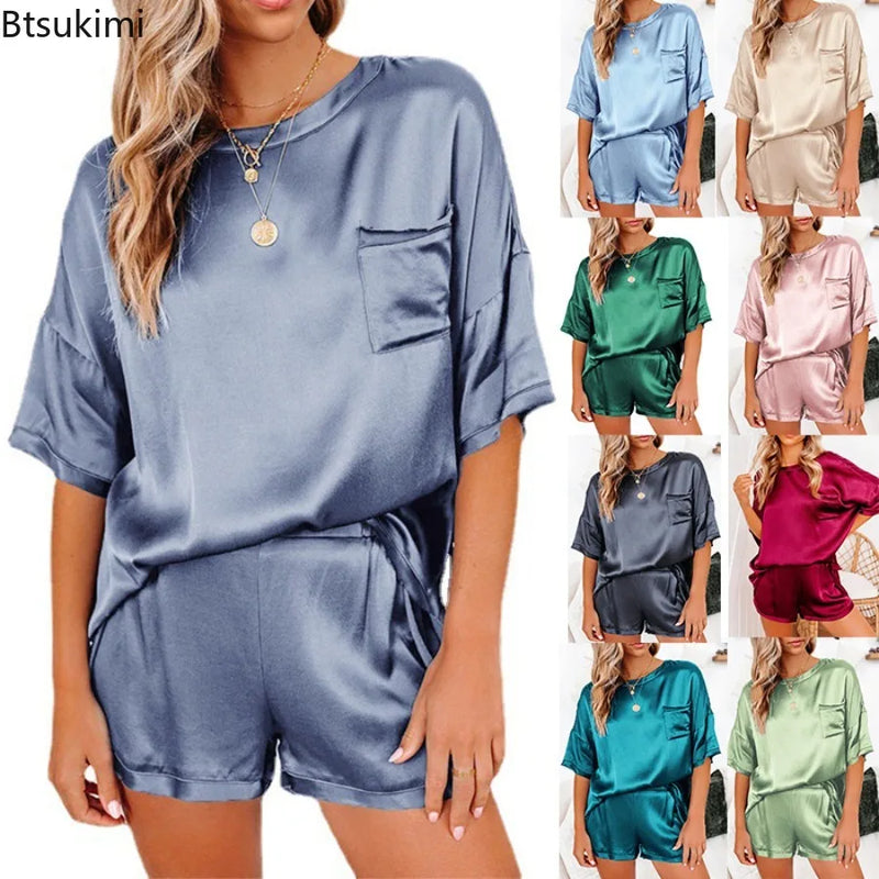 2PCS/Set 2026 Spring and Summer Women Pajamas O-neck Solid Soft Simulation Silk Homewear Short-Sleeved Casual Ladies Loungewear