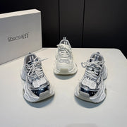 Women Mesh Chunky Sneakers Silver White Platform Thick Sole Breathable Lace Up Casual Dad Shoes Non Slip Walking Footwear