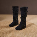 Women Round Toe Buckle Knee High Boots, Faux Suede Upper, Hidden Wedge Heel, Side Zipper Warm Fleece Lined Tall Boots For Daily
