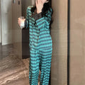 Green Plaid Pajamas Long Sleeve Lapel Shirt Pants Women Ice Silk Sleepwear Summer Autumn New Home Clothes Rayon Loungewear