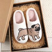 SHAJI Pug Embroidered Plush Slippers Winter Thick Sole Woolen Cotton Warm Non-Slip Comfortable Indoor Home Shoes