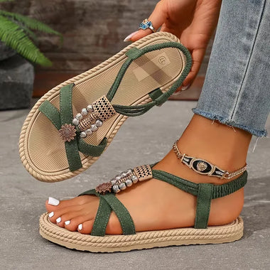 2025 Women Sandals Bohemian Style Flat Sandals Women Fine Strap Beaded Elastic Band Casual Women Comfortable Roman Style Shoes