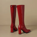 Knee High Boots Autumn New Square Toe Metal Head Guard Patent Leather Back Zip Non-Slip Block Heel Thigh Boots