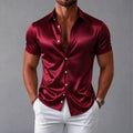 Men's shirt, navy blue short sleeved shirt, slim fit lapel shirt, light luxury business casual men's top, comfortable fabric