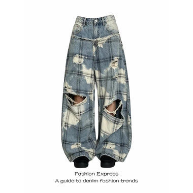 YIBASHU Women Blue Plaid Denim Long Pants Jeans Cargo Baggy Y2K American Streetwear Aesthetic 2000s Retro Denim Jeans Clothing