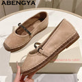 ABENGYA Nude Suede Leather loafer Shoes for Women Round Toe Belt Designer Flat Summer Fashion Ethnic Style Walk Shoes Woman