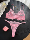 Pink Eyelash Floral Lace Lingerie Set Women Underwire Sheer Mesh Bra & Thong Sexy Intimate Underwear ZA826333