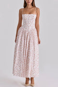 Women's White Floral Print Corset Maxi Dress Spaghetti Strap Pleated A-Line Summer Elegant Long Vacation Gown