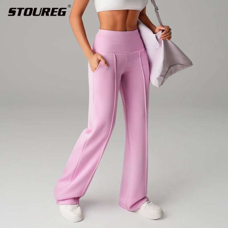 STOUREG High Waisted Yoga Pants for Women, Loose Wide Leg Workout Trousers with Pockets for Running and Outdoor Exercise