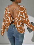 Plus Size Letter Print Long Sleeve Top, Pearl Strap Backless Knotted Blouse For Women