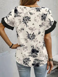 Women Round Neck Ruffle Sleeve Floral Print Chiffon Loose Top Boho Blouse Spring Vacay Beach Lightweight Breathable Top