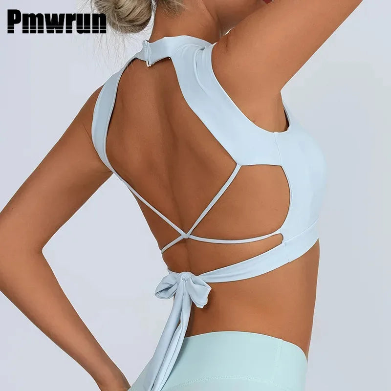 PMWRUN Sports Bra Yoga Clothing Beauty Back Backless Quick-Drying Strap Sporty Woman Top Fitness Yoga Wear Sportswear