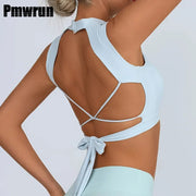 PMWRUN Sports Bra Yoga Clothing Beauty Back Backless Quick-Drying Strap Sporty Woman Top Fitness Yoga Wear Sportswear