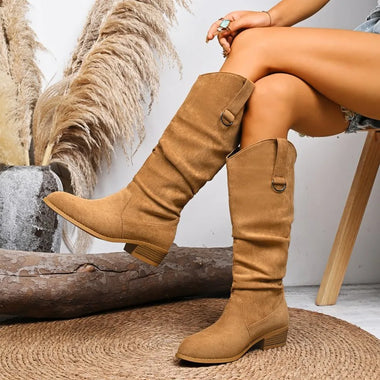 2025 Autumn/winter Plus-size Suede Pointed-toe Square Heel Boots High-top Fashion Women's Boots That Do Not Reach The Knee