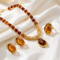 1 Set Vintage Amber Tone Jewelry Set, Irregular Resin Pendant Necklace Earrings Ring, Gold Plated Retro Statement Jewelry