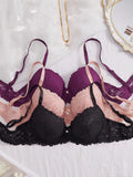 PEACE IN LOVE 3PCS Floral Lace Women Bras Rhinestone Push-Up Bra Elegant Everyday Lingerie Top