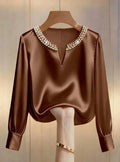 Women Satin V Neck Blouse Pearl Beaded Collar Long Sleeve Elegant Office Shirt Top