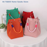TG820]Mini Knitted Bucket Bag Women Small Handbag Geometric Colorblock Wristlet Purse With Detachable Handle 1PC