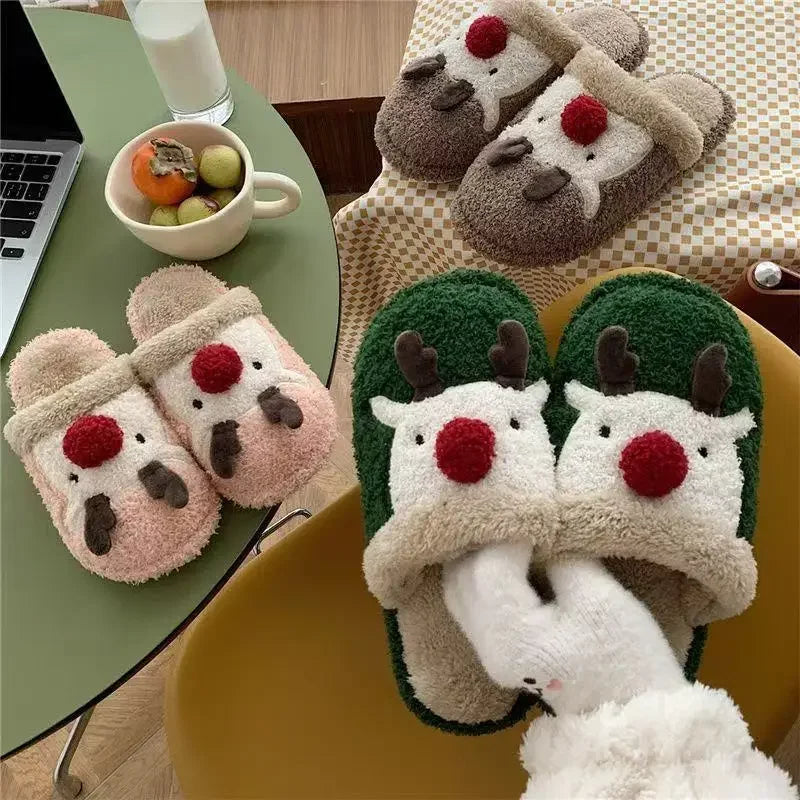 Winter Christmas Women Home Slippers Men Indoor Soft Non-slip Sandals Couples Warm Plush Flat Slides Adults Unisex Lovely Shoes