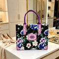 Women Felt Tote Bag，Makeup bag Floral Print Large Capacity Handbag Vintage Flower Pattern Shopping Bag