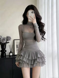 Korea Kawaii Sexy Dresses Punk Aesthetic 2000s Summer Sexy Girl Gentle Dress Chiffon Perspective Trendy Slim Tiered Short Dress