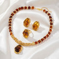 1 Set Vintage Amber Tone Jewelry Set, Irregular Resin Pendant Necklace Earrings Ring, Gold Plated Retro Statement Jewelry