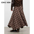CHIC VEN New Women Skirts Loose Casual Retro High Waisted Office Ladies A-line Plaid Sanded Mid Length Skirt Spring Autumn 2026