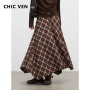 CHIC VEN New Women Skirts Loose Casual Retro High Waisted Office Ladies A-line Plaid Sanded Mid Length Skirt Spring Autumn 2026