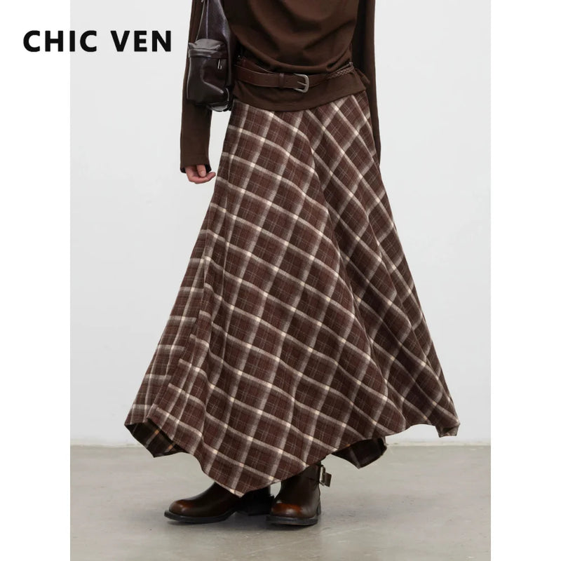 CHIC VEN New Women Skirts Loose Casual Retro High Waisted Office Ladies A-line Plaid Sanded Mid Length Skirt Spring Autumn 2026