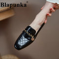 Blapunka Women Genuine Leather Designer Quilted Loafers Flat Shoes Brand Chain Square Toe Slip-ons Casual Leisure Shoes Beige 40