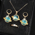 4PcsPlanet Star Jewelry Set for Women Golden Color Blue Round Stone Pendant Necklace Earrings Ring Fashion Party Costume Jewelr