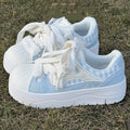 10 Styles Women's Kawaii Ribbon Thick Heel Breathable White Sneakers Casual Running Shell Shoes Chunky Y2K Dad Style for Spring