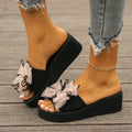 Summer Sandals for Women, Bow-Knot Slippers, High-Heeled Flip-Flops, Fashionable Wedge-Heeled Thick-Soled Beach Shoes for Outdoor Wear at the Beach