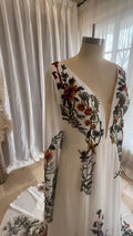 Boho Floral Embroidered Chiffon Wedding Dress for Brides Long Sleeve Deep V Neck Backless A Line Bridal Gown with Train