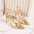 Women High Heels Shoes 2026 Summer Fashion Patent Leather Gold Leaf Women Sandals Elegant Pointed Toe Thin High Heels Gladiator Sandalias Party Shoes