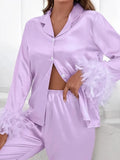 Spring Women's Silk Satin Pajamas Set Feather Trim Cuff 2 Piece Loungewear Long Sleeve Button Down Shirt Pants Set Sleepwear