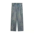 Jeans Washed Star Graphic Patch Floor Length Distressed Straight Trousers Vintage Denims Women Wide Leg Pants Streetwear