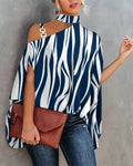Women Halter Cold Shoulder Blouse Asymmetric Batwing Sleeve Metal Buckle Printed Loose Casual Tunic Top