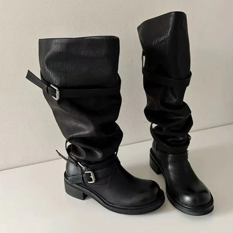 Women Thick Soled Knight Boots with Belt Buckle Decoration Short Boots Outdoor Wide Leg Women Boots Thick Heel Fashionable