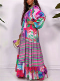 Women Plus Size V-Neck Long Sleeve Maxi Dress Color Tropical Print Striped Tiered Ruffle Loose Flowy Beach Bohemian Long Dress
