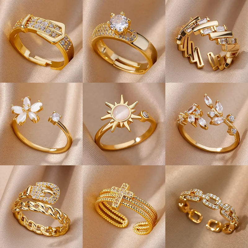 Women Stainless Steel Rings For Luxury Zircon Geometric Rings For Women Stainless Steel Gold Color Open Ring Trendy Wedding Party Aesthetic Jewerly Gift Femme