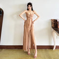 SylCue Sexy Fashion Maxi Dress Women Low-Neck Sleeveless Backless Mesh Ribbon Splits Hem Street Fashion France Style Long Dress