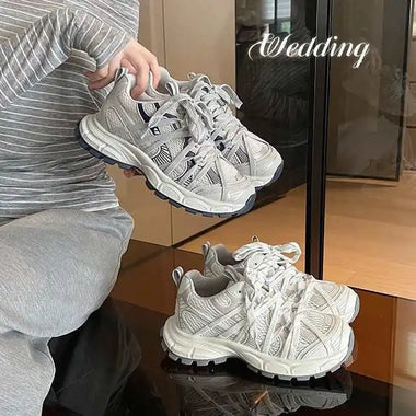 Women Chunky Sneakers Hiking Grey Navy Chunky Hiking Sneakers For Women Breathable Mesh And Synthetic Upper Lace Up Design Round Toe Non Slip Thick Sole Casu
