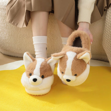 Women Slippers ZUOFU For Women Men Corgi Plush Slippers Autumn Winter Warm Non-Slip EVA Sole Indoor Fluffy Home Cotton Slippers