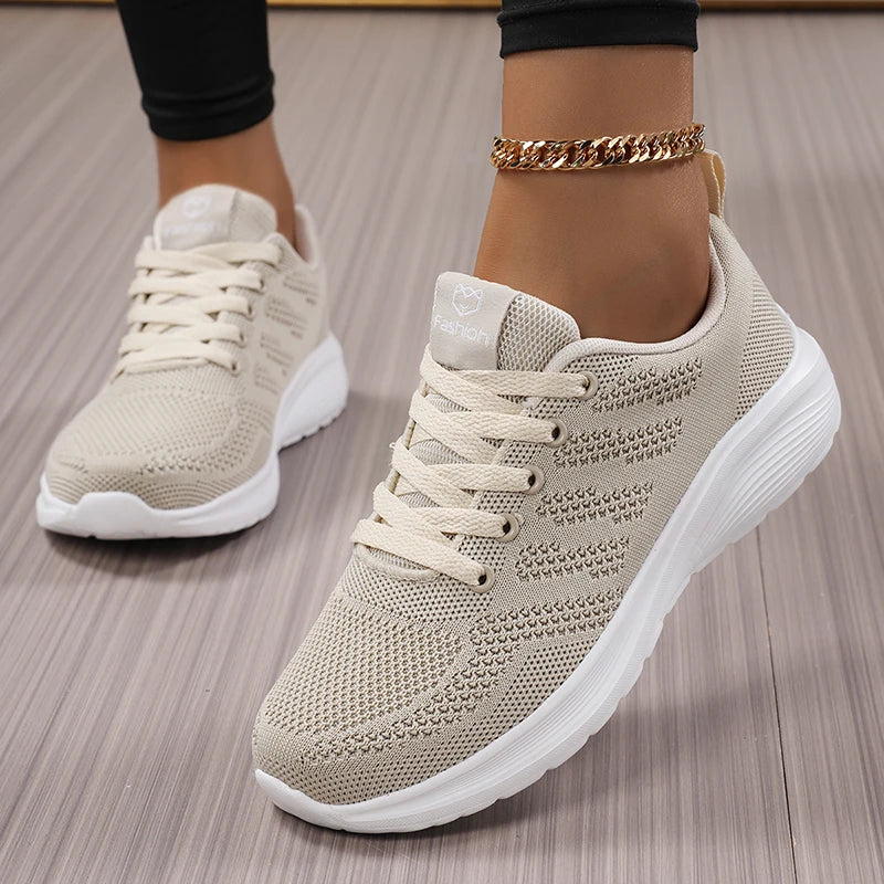 Four-Season Women's Casual Sports Shoes, Breathable Solid Color Work Shoes, Student Running Shoes, Mesh Lace-Up Travel Shoes, Flat Women's Shoes, Low-Top Women's Shoes